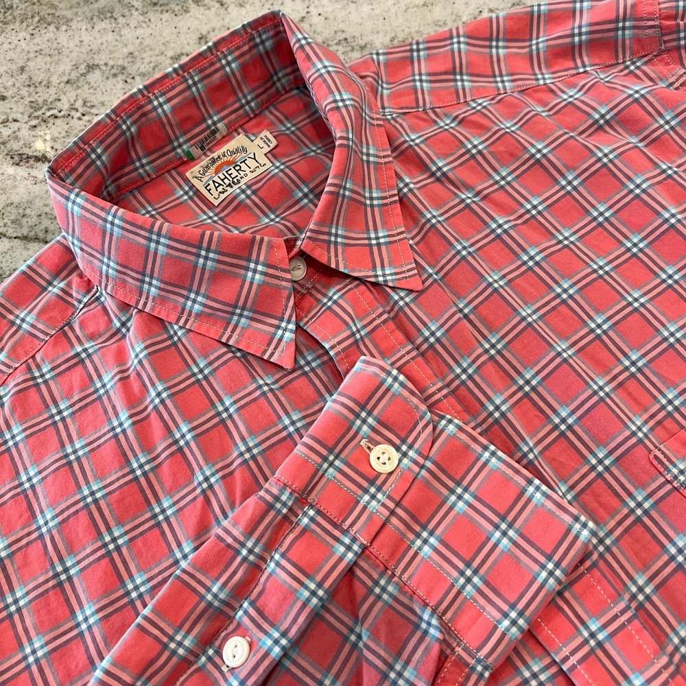 FAHERTY Plaid Button Down Long Sleeve Shirt Mens Size L 100% Cotton  Coral Blue